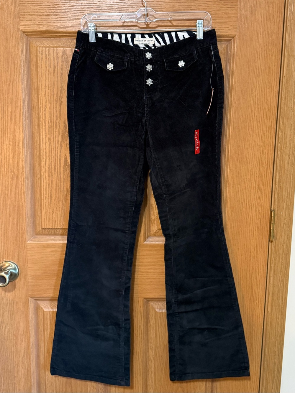 Vintage 2003 Tommy Jeans Black Corduroy Low Rise Flare Pants Size 7 Bling